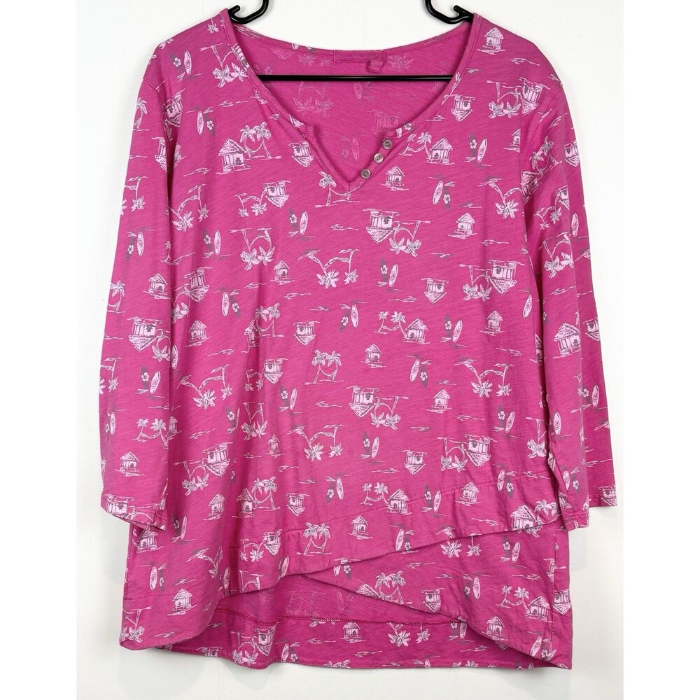 Fresh Produce LG Blouse Shirt Tropical Palm Trees Surfer Pink Cotton Hawaii